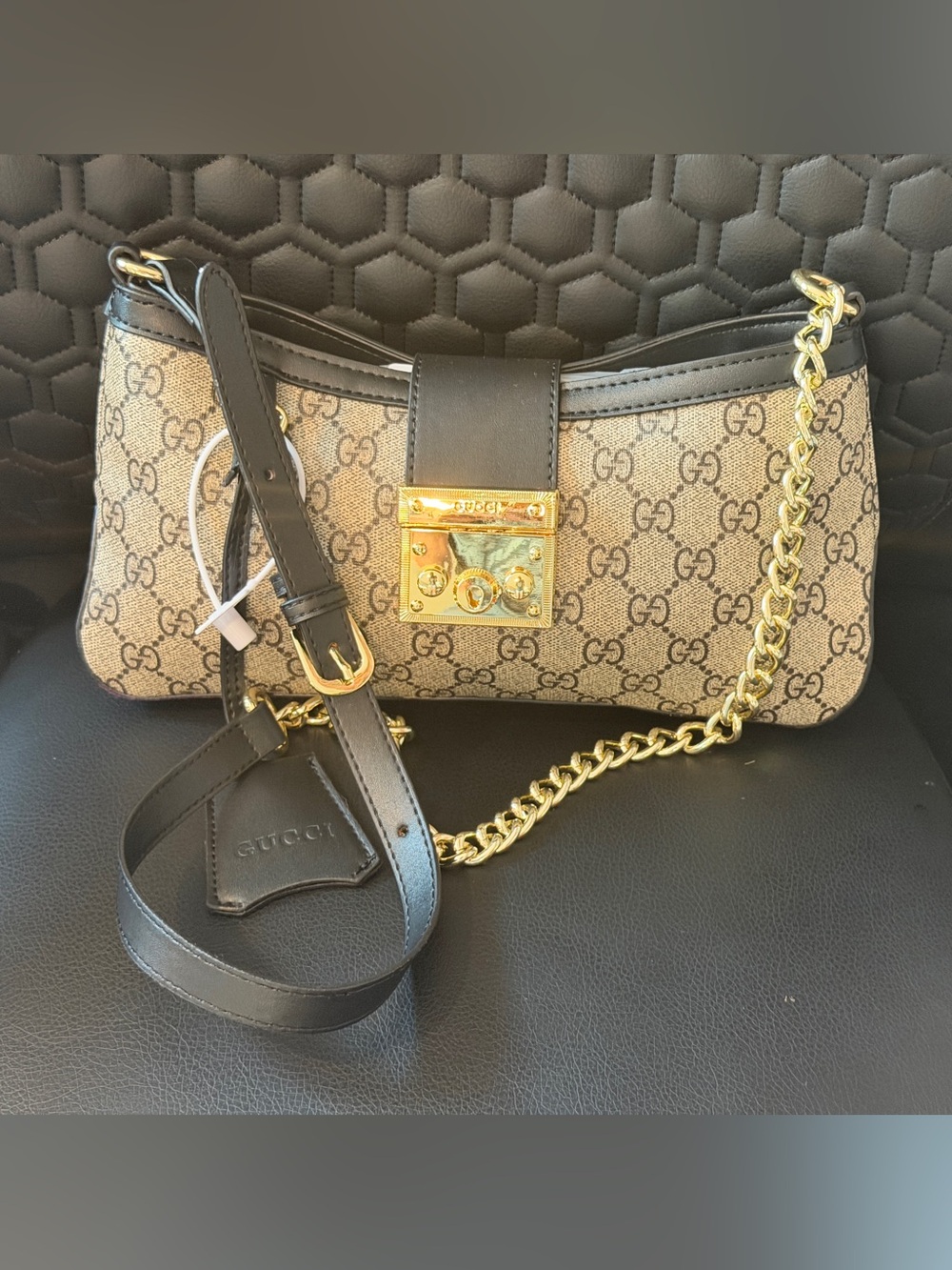 Gucci Monogram GG Canvas Shoulder Bag with Black Leather and Gold Chain